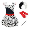 IMEKIS Déguisement Cruella Fille Reine du Mal Robe Dalmate Robe Noire Blanc Avec des Gants Perruque Porte Personnage de Film 