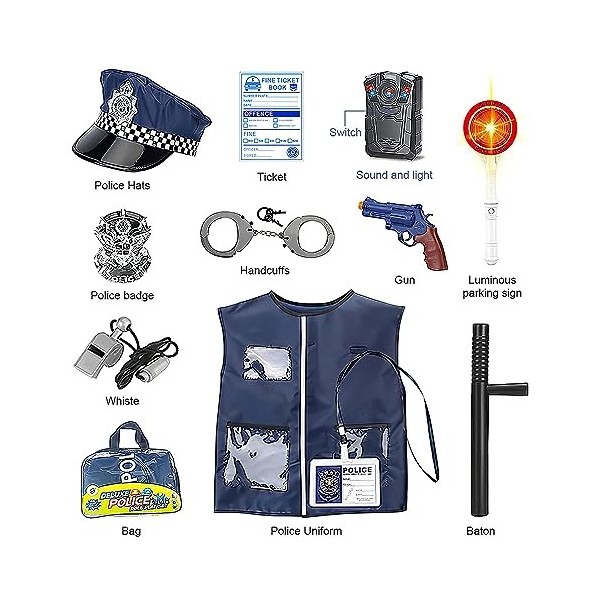 Fivtsme Deguisement Policier Enfant, Deguisement Policier, Ensemble De Costume De Police, Police Chemise Police Menottes Casq