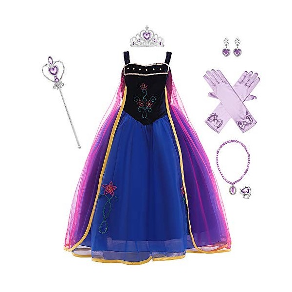 Enfant Filles Deguisement Reine des Neiges Robe Costume Princesse Anna avec Accessoires Robe Longue à sans Manches Tenues de 