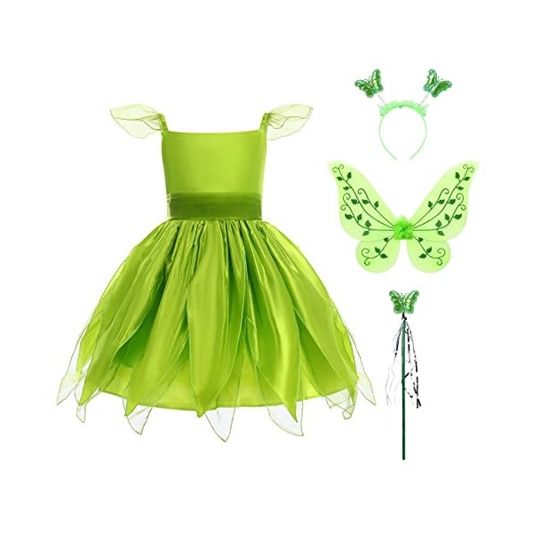 OBEEII Déguisement de Fée Clochette Fille Enfant Costume de Fée des Bois Tinker Bell Robe Carnaval Halloween Cosplay Fête Cos