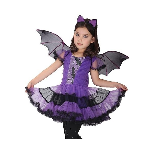 Alaiyaky Robe de sorcière pour fille, pourpre avec ailes de chauve-souris et accessoires pour cheveux, cosplay de la sorcière