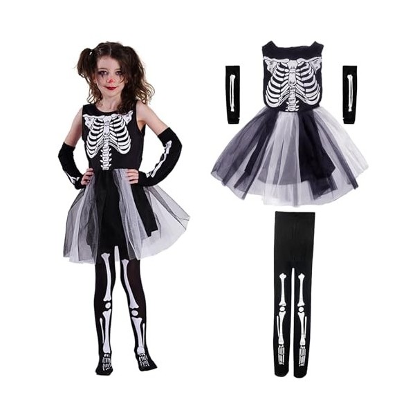 Deguisement Squelette Fille, Deguisement Halloween Enfant, Costume Halloween Déguisement Carnaval Fille, Costume Accessoires 