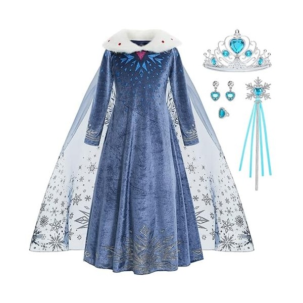 ZaisuiFun Déguisement Costume Princesse Elsa pour Fille Robe Reine des Neiges Bleu Manche Longue Tenue Chaud avec Col en Pelu