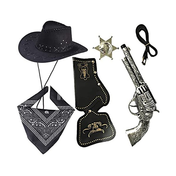 Western Cowboy Costume Accessoires 6 Pièces Chapeau de Cowboy Bandana avec Ceinture Holsters Cowboy Ensemble pour Enfant Jeu 