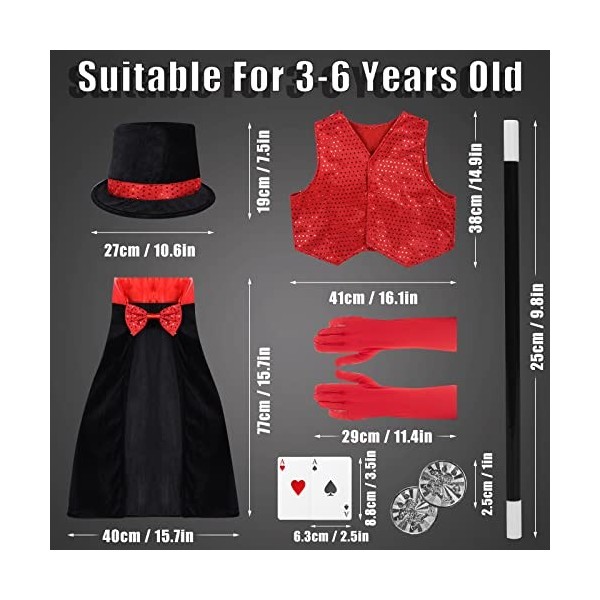 Hereneer Deguisement Magicien Enfant, Costume de Magicien Magicien Accessoires avec Chapeau Magicien, Baguette Magique, Gants