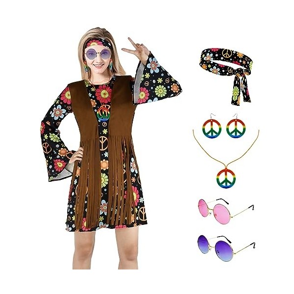 YORDET Costume hippie pour femme des années 60 et 70 - Costume hippie rétro avec accessoires hippie - Costume disco pour femm