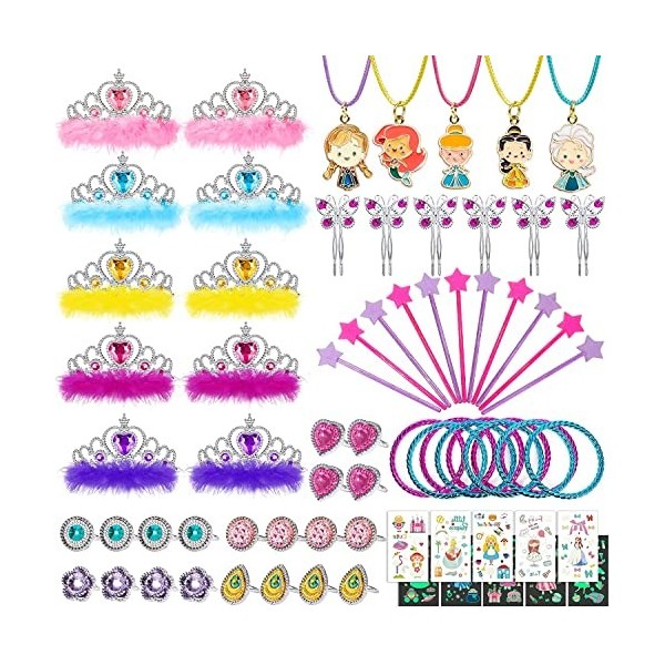 vamei 80pcs Déguisement Princesse Fille Couronne Princesse Diademe Baguette Magique Accessoires Princesse Bijoux Bagues Colli