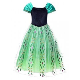 JerrisApparel Robe Costume Petites Filles Princesse Elsa Déguisement 140cm, Vert Anna avec Accessoires 