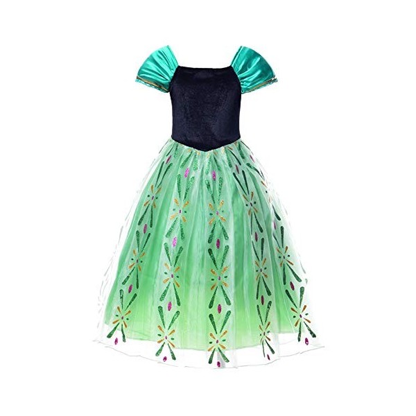 JerrisApparel Robe Costume Petites Filles Princesse Elsa Déguisement 140cm, Vert Anna avec Accessoires 
