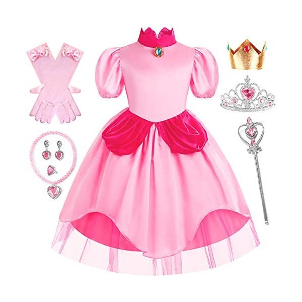 IWFREE Princesse Peach Costume Fille Robe de Princesse Rose avec 4 Accessoires Déguisement Noël Carnaval Halloween Fête Robe 