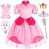 IWFREE Princesse Peach Costume Fille Robe de Princesse Rose avec 4 Accessoires Déguisement Noël Carnaval Halloween Fête Robe 