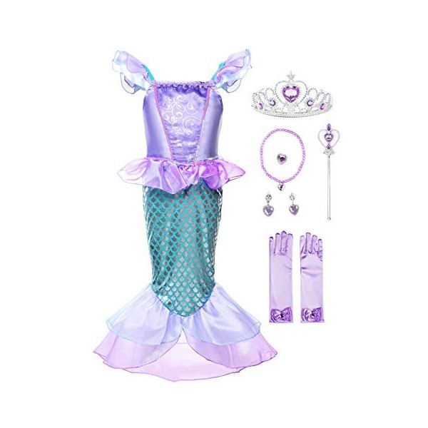 JerrisApparel Petite Fille Princesse Sirène Costume Pailleté Halloween Fête Robe 110, Lilas avec Accessoires 
