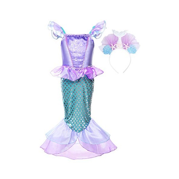 JerrisApparel Petite Fille Princesse Sirène Costume Pailleté Halloween Fête Robe 110, Lilas avec Accessoires 
