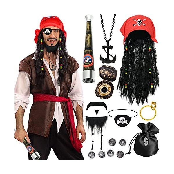 Tacobear Déguisement Pirate Accessoiresavec Peruque Pirate Homme Bandeau de Pirate Cache Oeil Pirate Télescope Barbe Pirate J