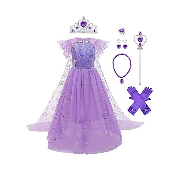 IWEMEK Filles Déguisements Princesse Elsa Robe Longue avec Cape + Accessoires Reine des Neige 2 Costume de Carnaval Halloween