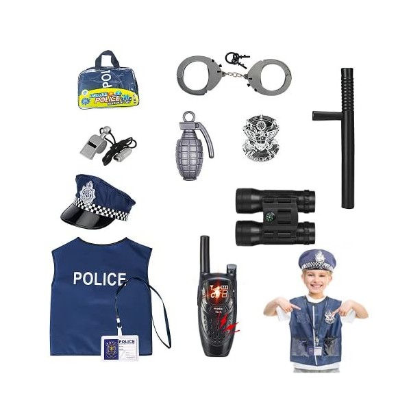 Jooheli Policier Costume Accessoires Police, Police Menottes Insigne Lunettes Walkie Talkie, Police Deguisement Enfant pour E