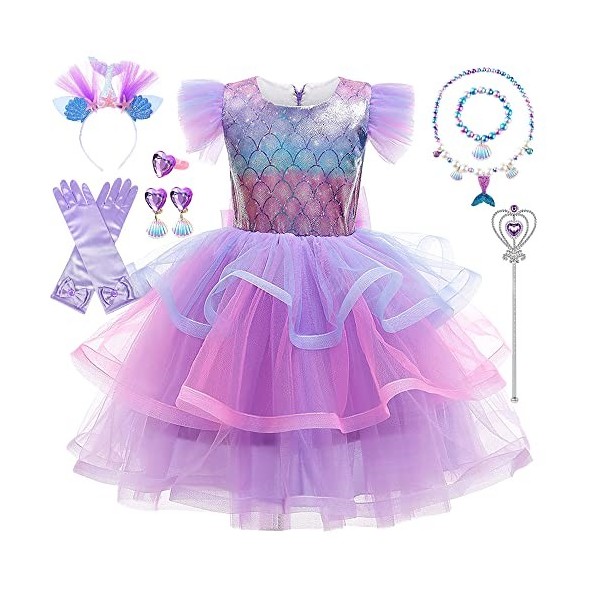 Deguisement Sirene Fille, Deguisement Ariel Petite Sirene, Robe De Princesse Sirène avec Accessoires, Robe Fête Anniversaire 