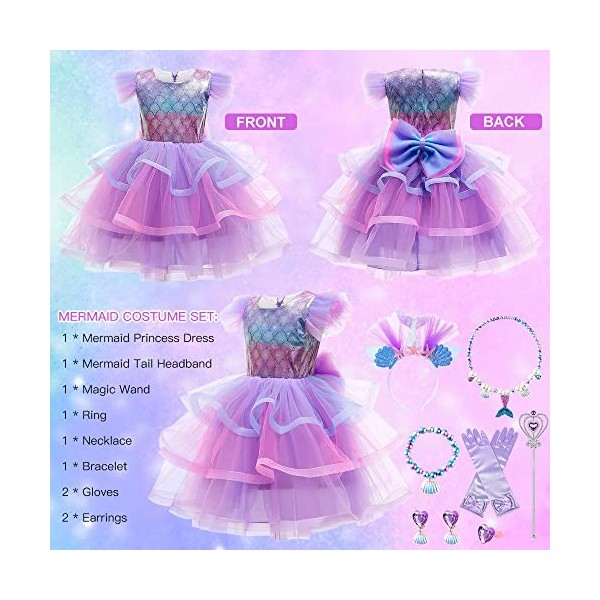 Deguisement Sirene Fille, Deguisement Ariel Petite Sirene, Robe De Princesse Sirène avec Accessoires, Robe Fête Anniversaire 