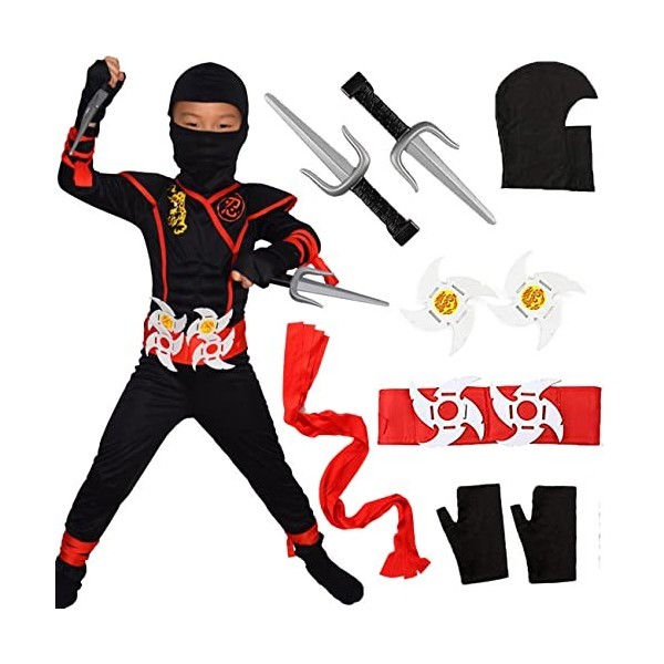 Windskids Ninja Déguisement Enfant Costume Rouge Noir Soldat Assassin Vêtements avec Guerrier Musculaire Accessoires pour Cos