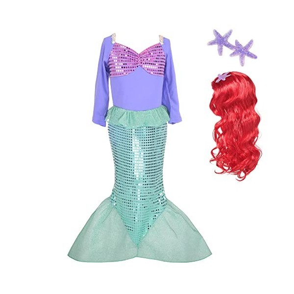 Lito Angels Deguisement Robe Sirène Princesse Ariel avec Perruque pour Enfant Fille, Anniversaire Fete Halloween Costume Carn