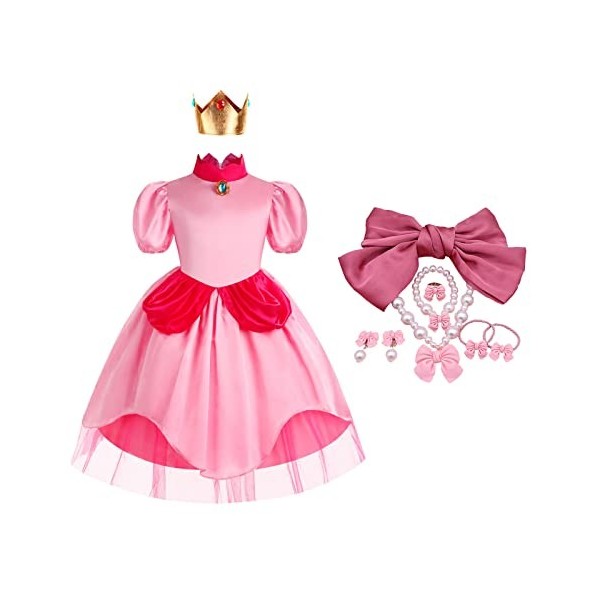 MRLTOP Filles Princesse Peach Dress Up Set Peach Enfants Costume Déguisement Princesse avec Couronne et Accessoires pour Hall