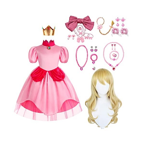 MRLTOP Filles Princesse Peach Dress Up Set Peach Enfants Costume Déguisement Princesse avec Couronne et Accessoires pour Hall