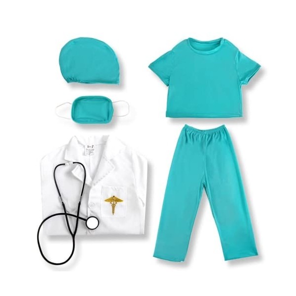 Cosplay Costume de Docteur Enfant avec Blouse Blanche Stéthoscope Déguisement Accessoires pour enfant de 3-12 ans