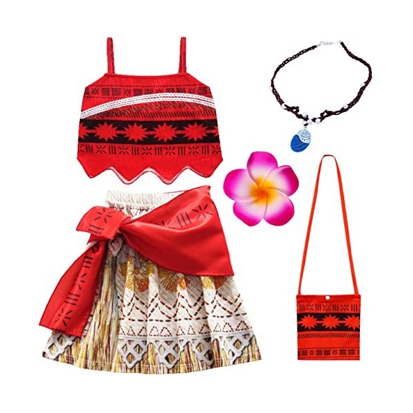 Deleventh Moana Princesse Deguisement Costume et Perruque Collier Accessoires Fille Cosplay Enfant Jeu daventure Vaiana Top 