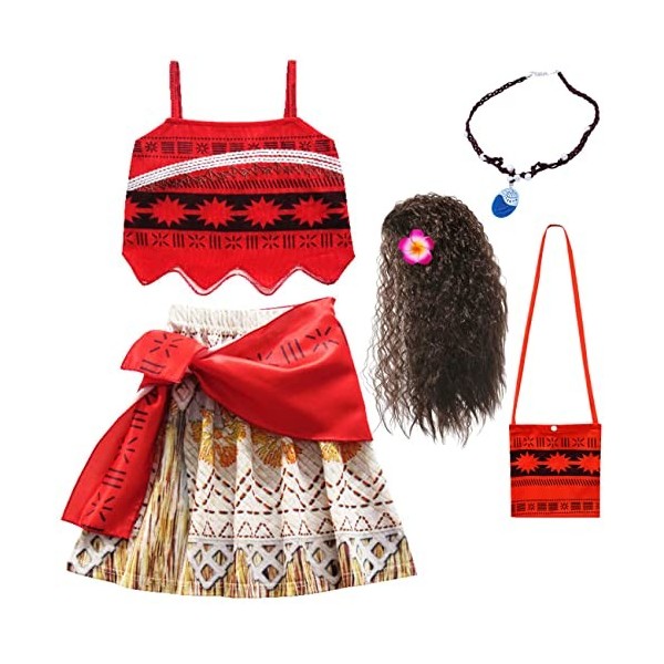 Deleventh Moana Princesse Deguisement Costume et Perruque Collier Accessoires Fille Cosplay Enfant Jeu daventure Vaiana Top 