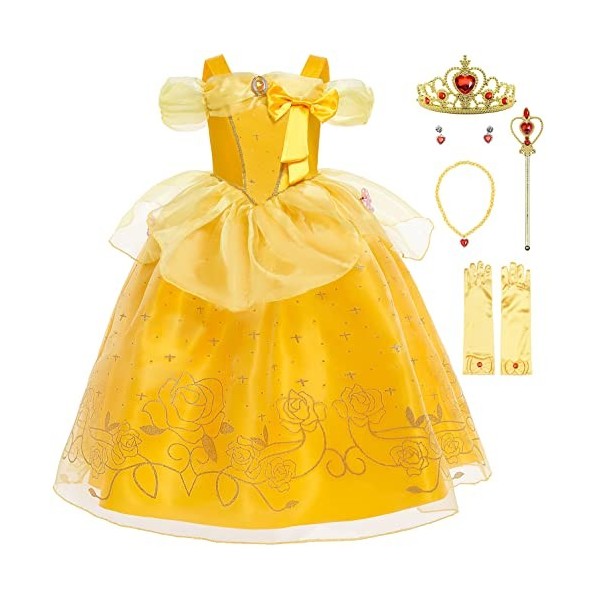 KANDEMY Fille Déguisement de Princesse Belle avec Accessoires Robe de La Belle et La Bête Princesse Costume pour Enfant Anniv