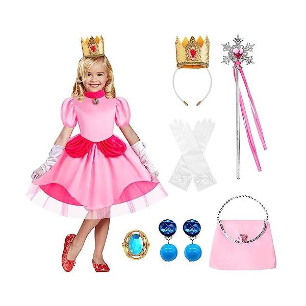 CHMMY Peach Princesse Costumes Enfant Filles Princesse Peach Déguisement  Dress Enfants Peach Cosplay Costume avec Accessoires