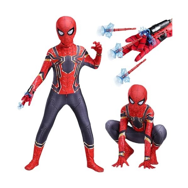 Costume Spiderman pour enfant de 8 à 9 ans avec gants et accessoires - Noir et rouge - Costume daraignée - 128 134 140 - Gar