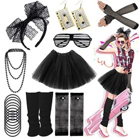 Déguisement des années 80 pour femme, ensemble daccessoires de costume noir pour les années 80, tutu, jambières, collier, br
