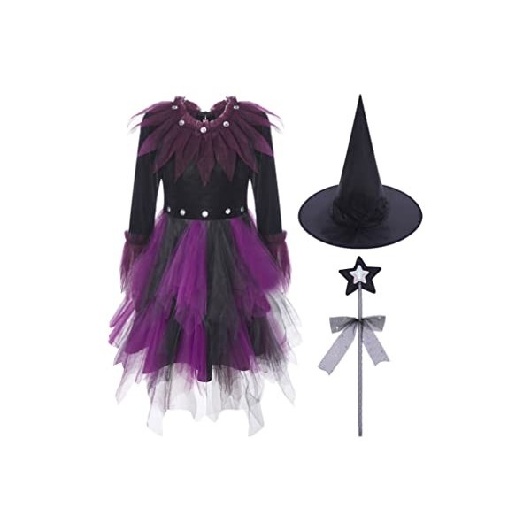 ranrann Déguisement Sorcière Fille Enfant Robe avec Accessoires Halloween Chapeau de Sorcière Sac à Bonbons Baguette Magique 