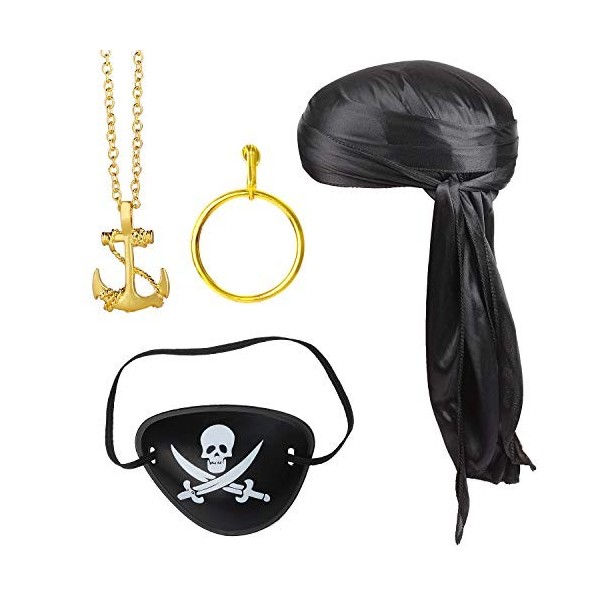 Beelittle 4 Pièces Halloween Costume De Pirate Accessoires Durag Long-Queue Headwraps Silky Pirate Cap Pirate Eye Patch Or Bo