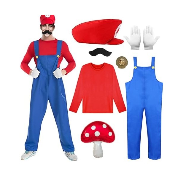 Costume Mario et Luigi Enfant Adulte Casquette Gants Moustache Deguisement Mario Bros Accessoires Cosplay Halloween Carnaval 