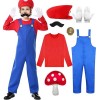 Costume Mario et Luigi Enfant Adulte Casquette Gants Moustache Deguisement Mario Bros Accessoires Cosplay Halloween Carnaval 