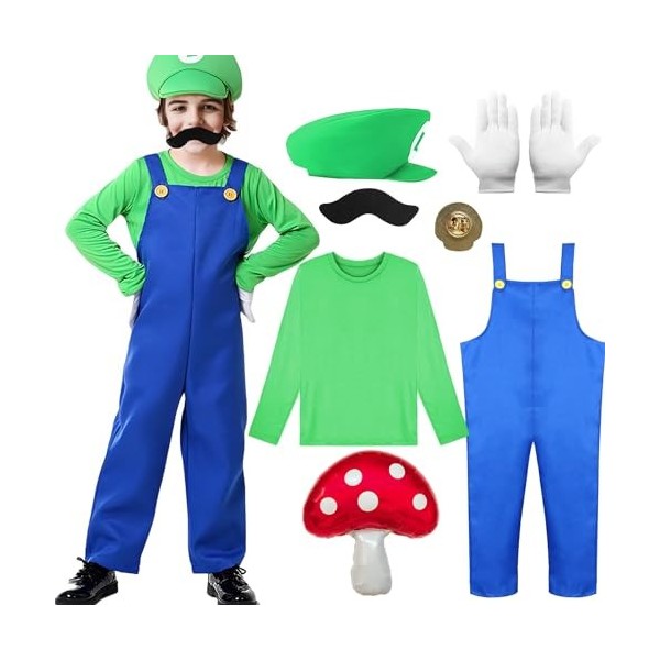 Costume Mario et Luigi Enfant Adulte Casquette Gants Moustache Deguisement Mario Bros Accessoires Cosplay Halloween Carnaval 