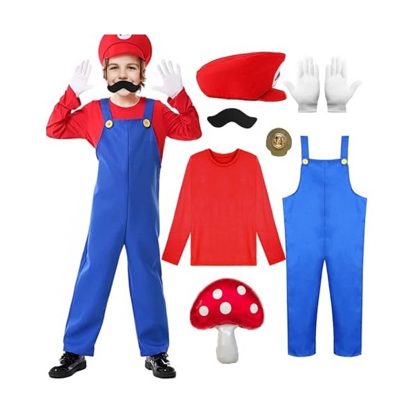 Costume Mario et Luigi Enfant Adulte Casquette Gants Moustache Deguisement Mario Bros Accessoires Cosplay Halloween Carnaval