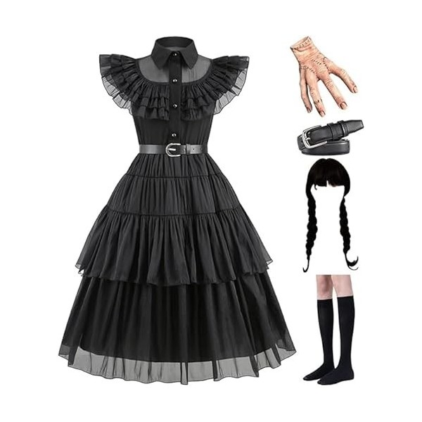 frovi Déguisement Mercredi Addams Enfant, Mercredi Addams Robe avec Perruques Chaussettes Accessoires, Addams Familys Gothic 