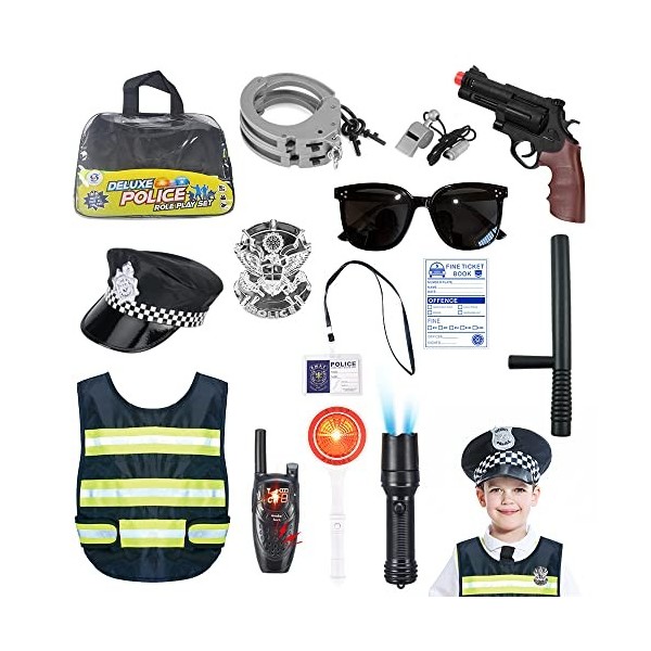 LUFEIS Déguisement Policier Enfant, 14 pcs Policier Costume Accessoires, Costume Policier Enfant, Police Deguisement Enfant, 