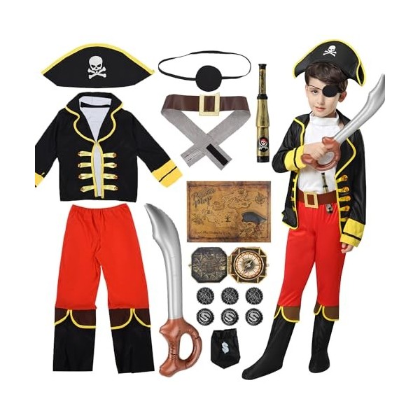 Pirate Costume Enfant, 17 pièces Déguisement de Pirate Accessoires avec Boussole, Carte, Télescope et Épées Gonflables, Costu