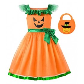 ReliBeauty Costume Halloween Citrouille Orange Fille Tutu Princesse Robe Fille Déguisement Halloween Fête Accessoire Sac 6-7a