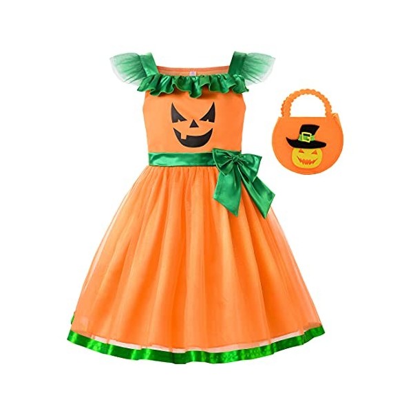 ReliBeauty Costume Halloween Citrouille Orange Fille Tutu Princesse Robe Fille Déguisement Halloween Fête Accessoire Sac 6-7a