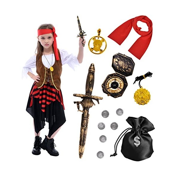 Tacobear Déguisement Pirate Enfant Fille Costume de Pirate Buccaneer Princess avec Pirate Accessoires Pirate Bandeau Compas S