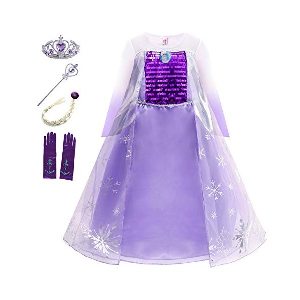 Eleasica Petites Filles Robe Longue Déguisements Manches Longues Princesse Elsa Reine des Neiges Costume et Accessoires Diadè