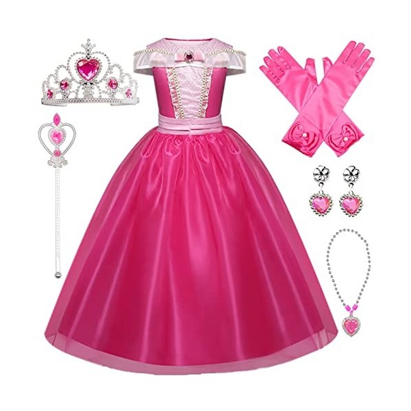 Kosplay Fille Robe de Princesse Aurore Déguisement de La Belle au Bois Dormant avec Accessoires Robe Tulle Maxi Anniversaire 