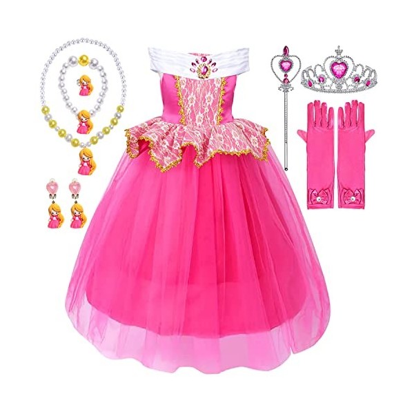 YYDSXK Robe Princesse Fille, Deguisement Aurore avec Couronne Princesse Collier Ensemble, Aurore Costume Carnaval Enfant, Deg