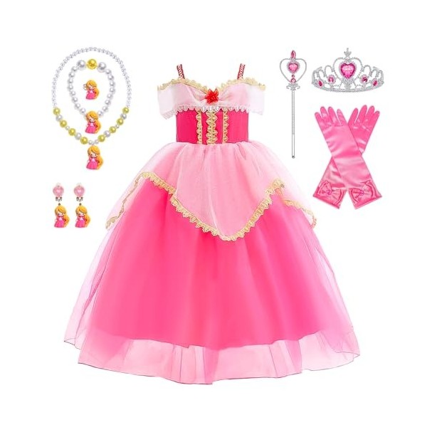 YYDSXK Robe Princesse Fille, Deguisement Aurore avec Couronne Princesse Collier Ensemble, Aurore Costume Carnaval Enfant, Deg