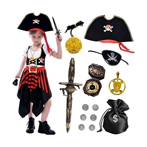 Tacobear Déguisement Pirate Enfant Robe Pirate Fille avec Accessoire Chapeau Pirate Cache Oeil Compas Pièce de Monnaie Déguis